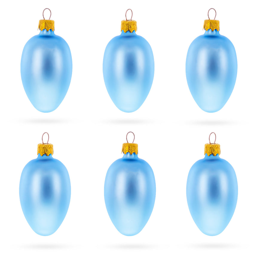 Glass Set of 6 Blue Mini Glass Egg Ornaments 2.9 Inches in Blue color Oval