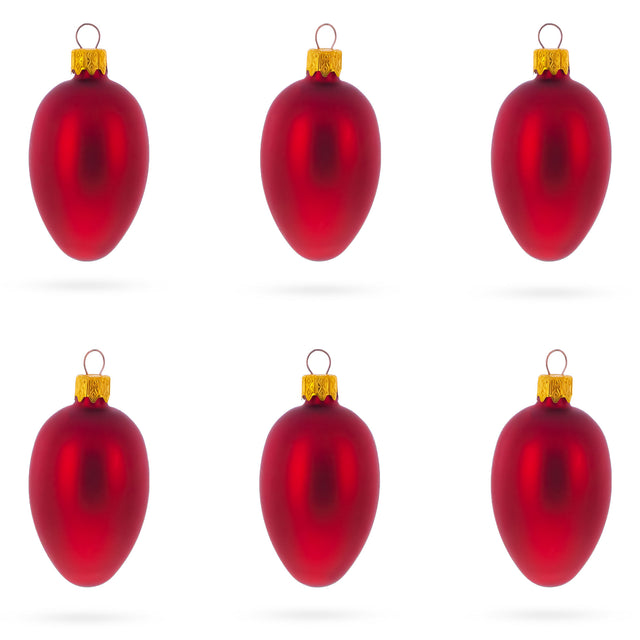 Glass Set of 6 Matte Red Mini Glass Egg Ornaments 2.9 Inches in Red color Oval