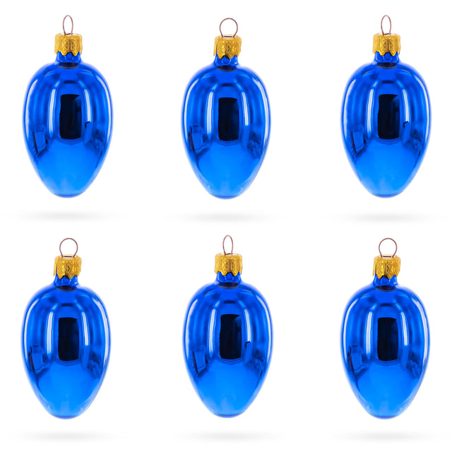 Glass Set of 6 Glossy Blue Mini Glass Egg Ornaments 2.9 Inches in Blue color Oval