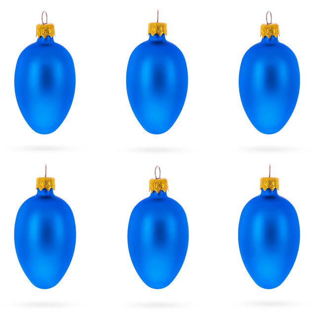 Glass Set of 6 Matte Blue  Mini Glass Egg Ornaments 2.9 Inches in Blue color Oval