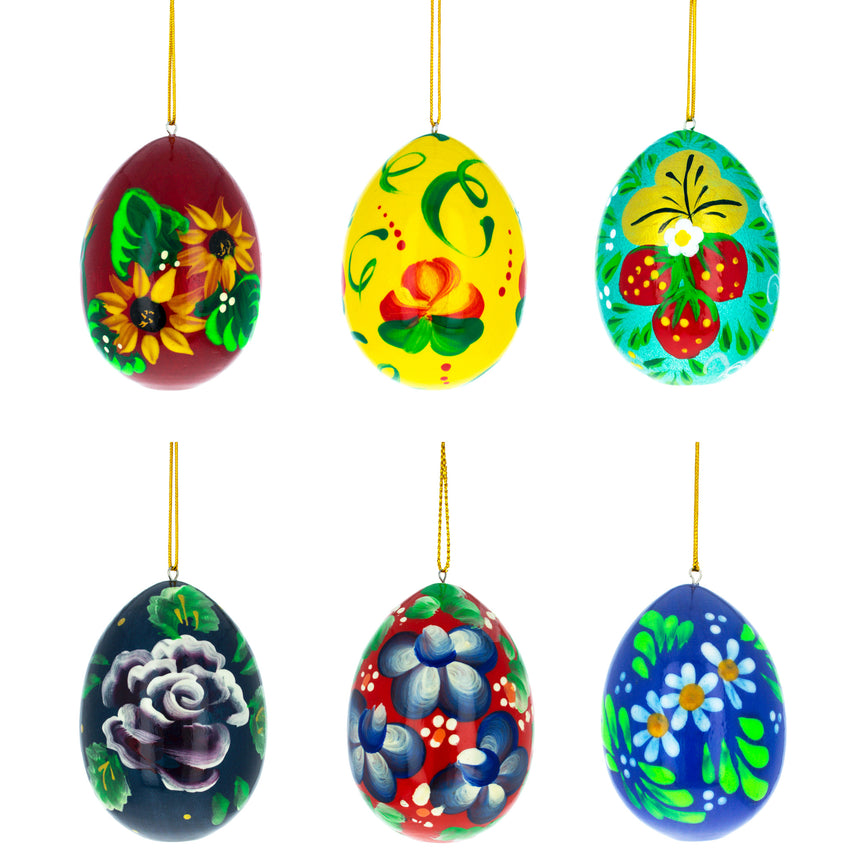 Wood Flowery Painting Multicolored Wooden Easter Egg Ornaments in Multi color