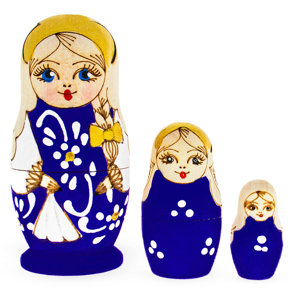 Buy Set of 3 Pieces Blue Woodburning Style Wooden Nesting Dolls ...