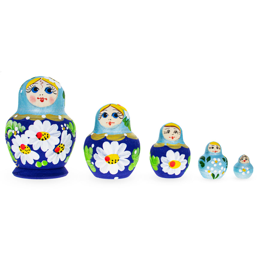 Wood Beautiful Wooden  with Light Blue Color Hood and Flowers Nesting Dolls in Blue color