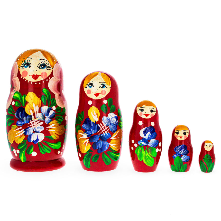 Wood Beautiful Wooden  with Red Color Hood and Flowers Nesting Dolls in Red color