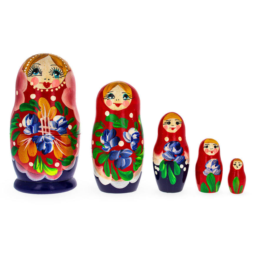 Wood Beautiful Wooden  with Red Color Hood and Flowers Nesting Dolls in Red color