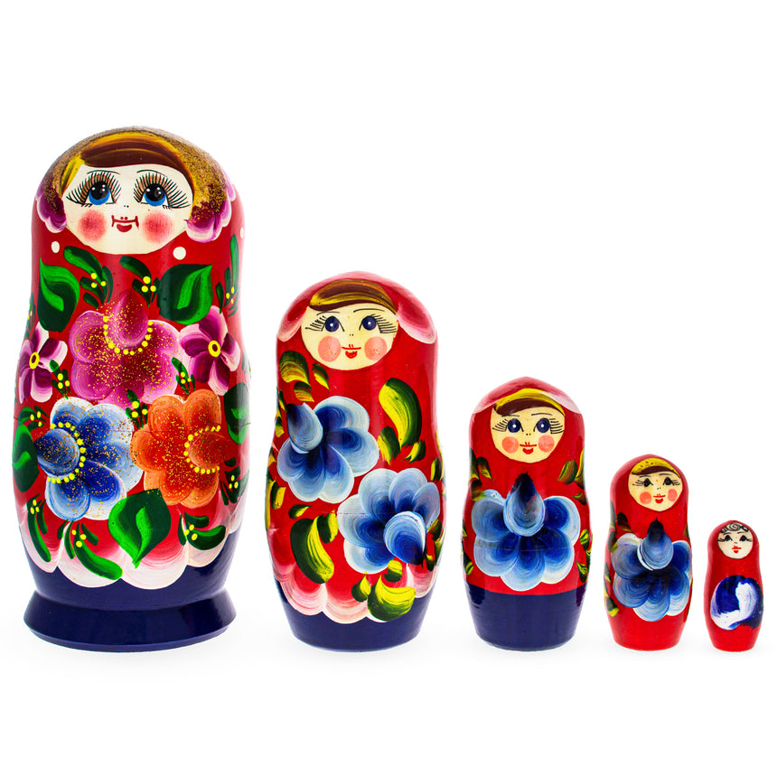 Wood Beautiful Wooden  with Red Color Hood and Flowers Nesting Dolls in Red color