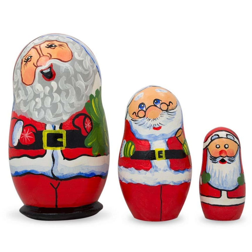 Wood Set of 3 Smiling Santa Figurines Wooden Nesting Dolls 4.25 Inches in Multi color