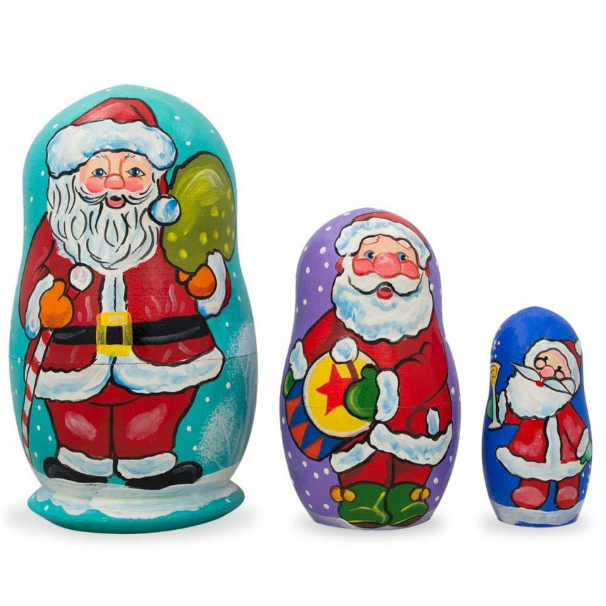 Wood Set of 3 Santa Claus with Gifts Wooden Nesting Dolls Figurines 4.25 Inches in Multi color