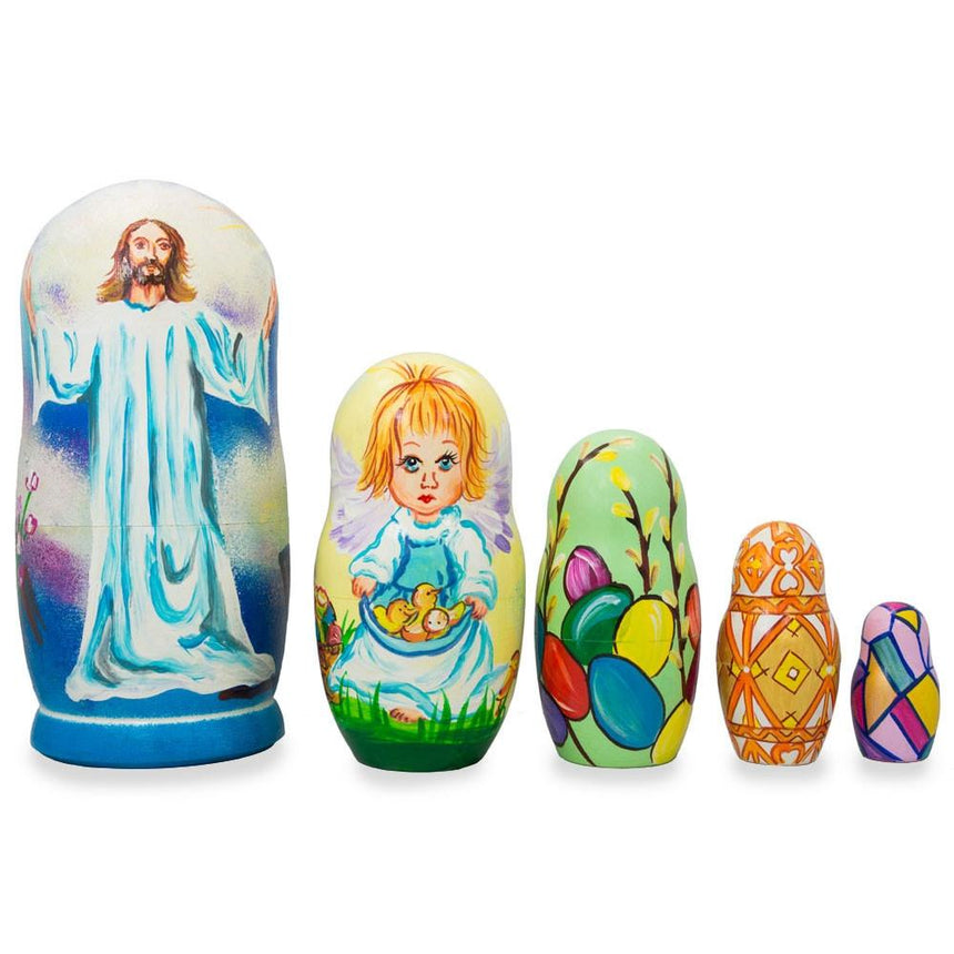 Wood Set of 5 Jesus Christ Rising, Angel and Easter Eggs Wooden Nesting Dolls 6 Inches in Multi color