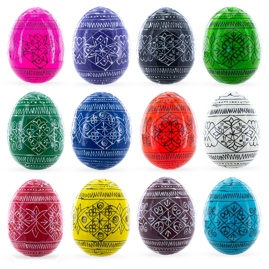 Wood Set of 12 Multicolored Hand Painted Ukrainian Wooden Easter Eggs 2.5 Inches in Multi color Oval