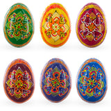 Wood Set of 6 Folk Art Patterns Wooden Ukrainian Easter Eggs 2.5 Inches in Multi color Oval