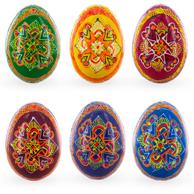 Wood Set of 6 Folk Art Patterns Wooden Ukrainian Easter Eggs 2.5 Inches in Multi color Oval