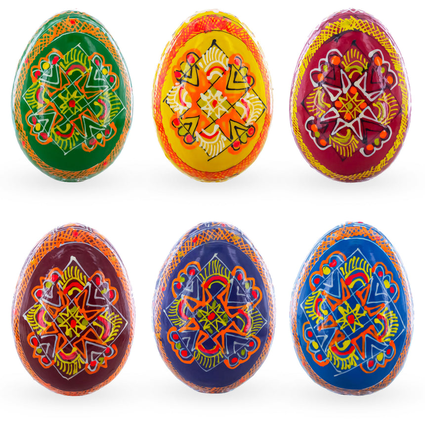 Wood Set of 6 Folk Art Patterns Wooden Ukrainian Easter Eggs 2.5 Inches in Multi color Oval