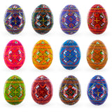 Wood Set of 12 Handcrafted Geometric Ukrainian Pysanky Wooden Easter Eggs 2.5 Inches in Multi color Oval