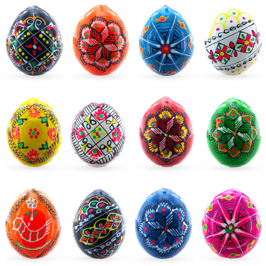 Wood Set of 12 Ukrainian Wooden Easter Eggs Pysanky 1.5 Inches in Multi color Oval