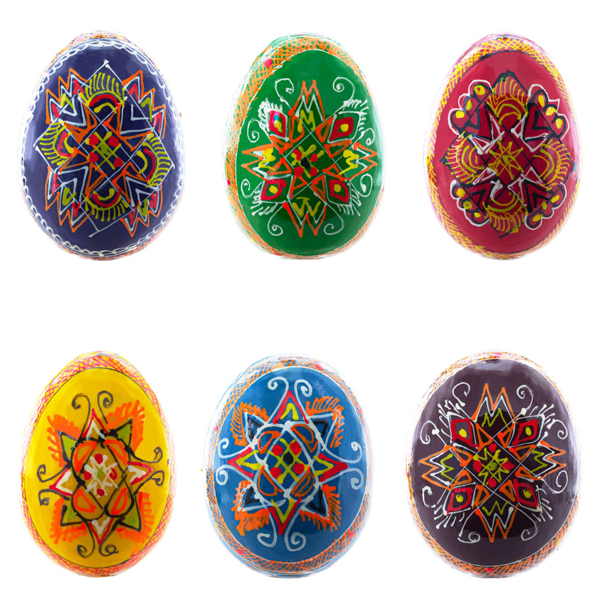 Wood Set of 6 Multicolor Ukrainian Pysanky Wooden Easter Eggs 2.5 Inches in Multi color Oval