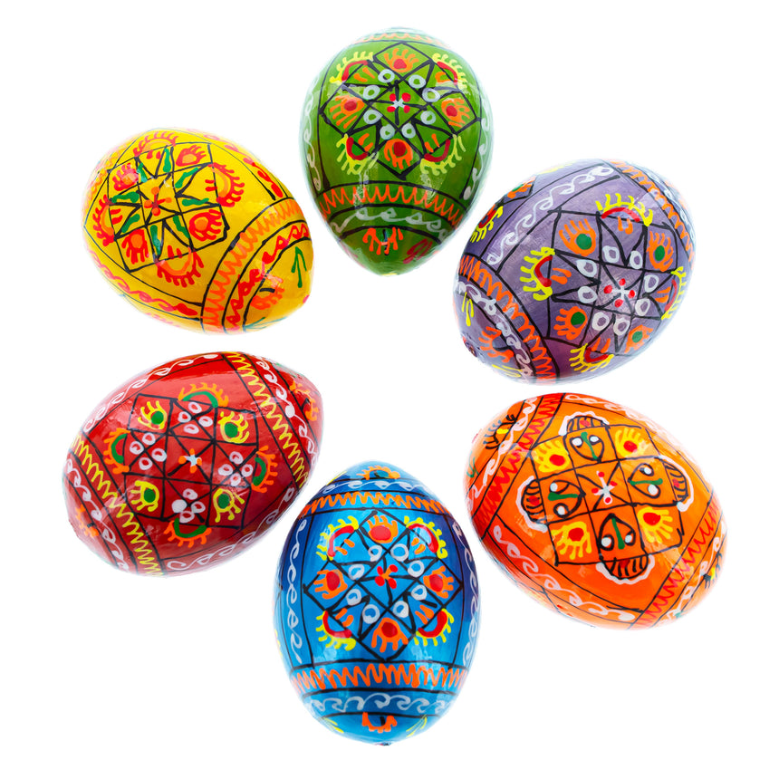 Set of 6 Pearlized Ukrainian Pysanky Wooden Easter Eggs 2.5 InchesUkraine ,dimensions in inches: 2.25 x 1.75 x 1.75