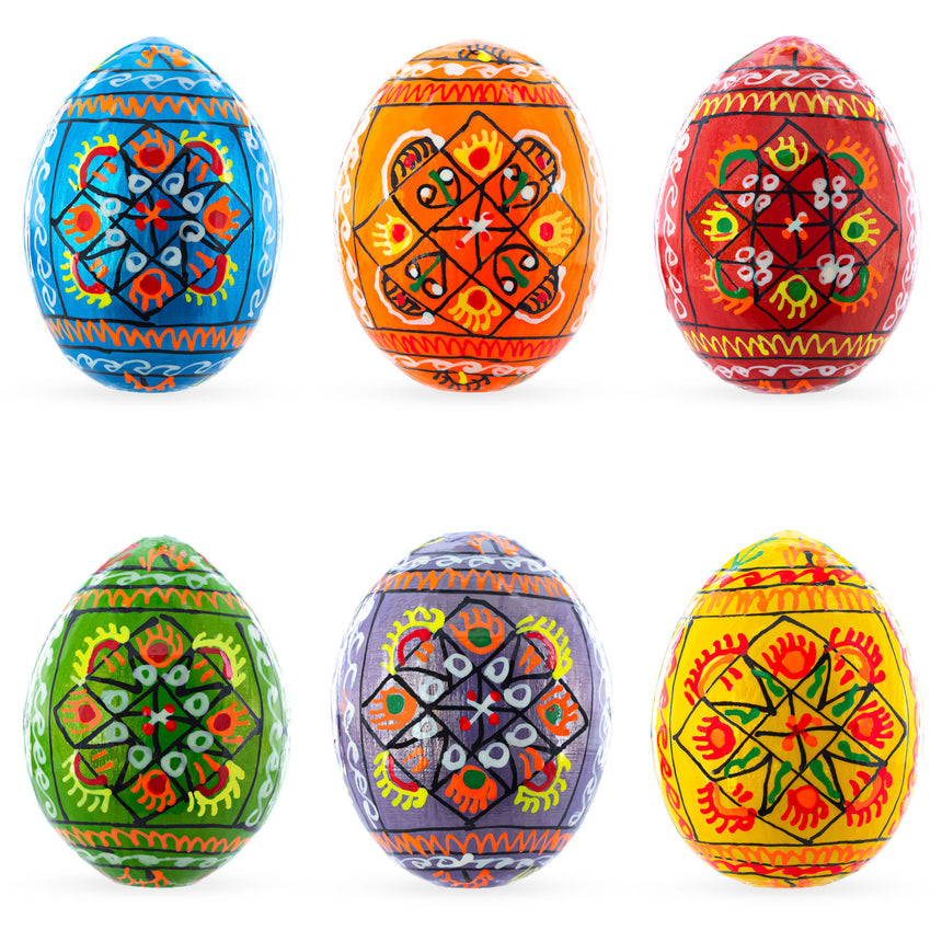 Wood Set of 6 Pearlized Ukrainian Pysanky Wooden Easter Eggs 2.5 Inches in Multi color Oval