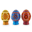 Wood Set of 3 Colorful Geometric Ukrainian Pysanky Wooden Easter Eggs with Stands in Multi color Oval