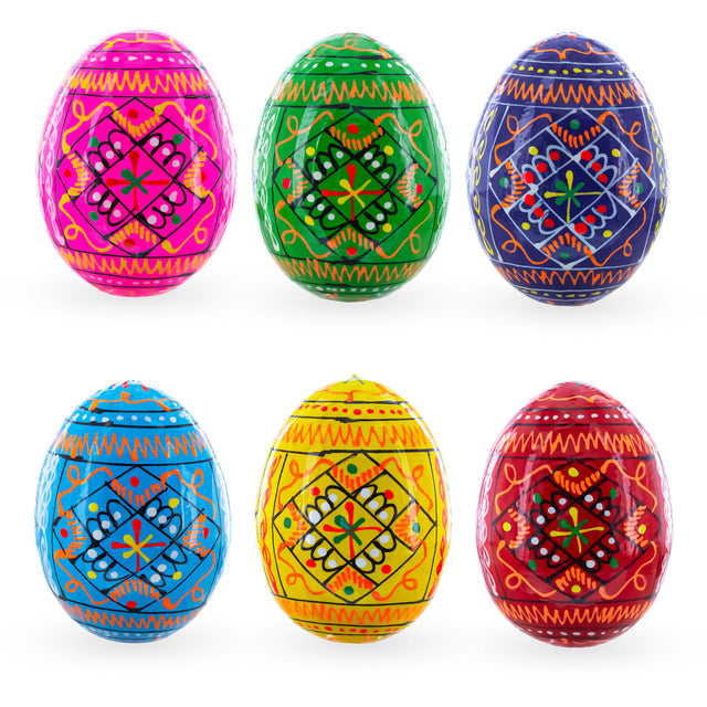 Wood Set of 6 Geometric Ukrainian Pysanky Wooden Easter Eggs 2.5 Inches in Multi color Oval