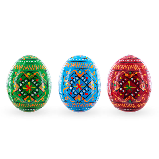 Wood Set of 3 Vibrant Geometric Ukrainian Pysanky Wooden Easter Eggs 2.5 Inches in Multi color Oval