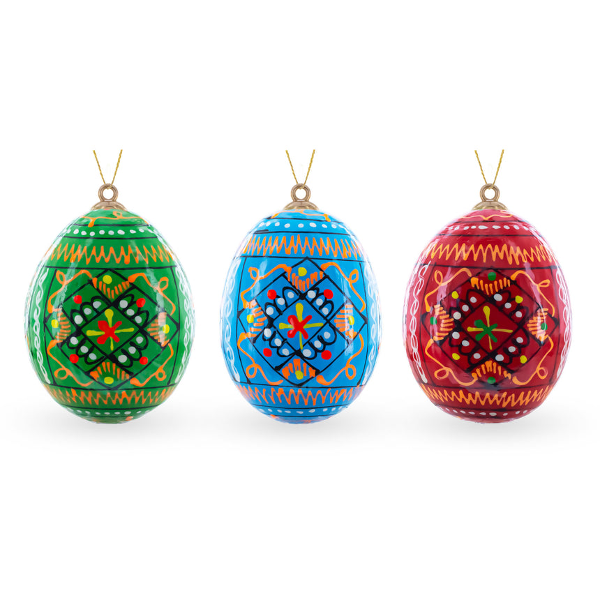 Wood Set of 3 Vibrant Geometric Ukrainian Pysanky Wooden Easter Egg Ornaments 2.5 Inches in Multi color Oval