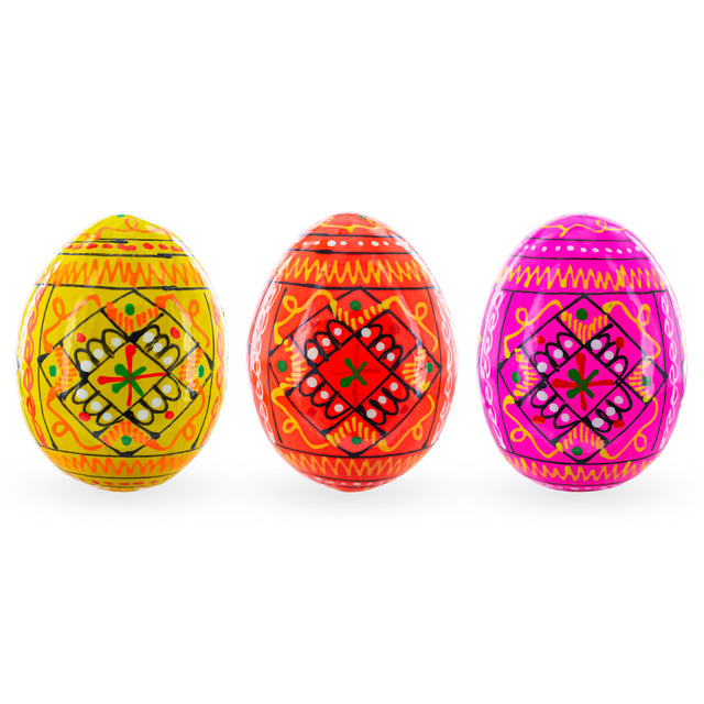 Wood Set of 3 Yellow, Pink, Orange Geometric Ukrainian Pysanky Wooden Easter Eggs 2.5 Inches in Multi color Oval