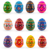 Wood Set of 12 Mini Geometric Ukrainian Pysanky Wooden Easter Eggs 1.6 Inches in Multi color Oval