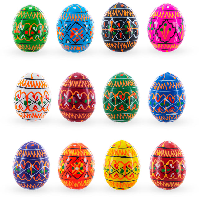 Wood Set of 12 Mini Geometric Ukrainian Pysanky Wooden Easter Eggs 1.6 Inches in Multi color Oval