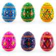 Wood Set of 6 Mini Geometric Ukrainian Pysanky Wooden Easter Eggs 1.6 Inches in Multi color Oval