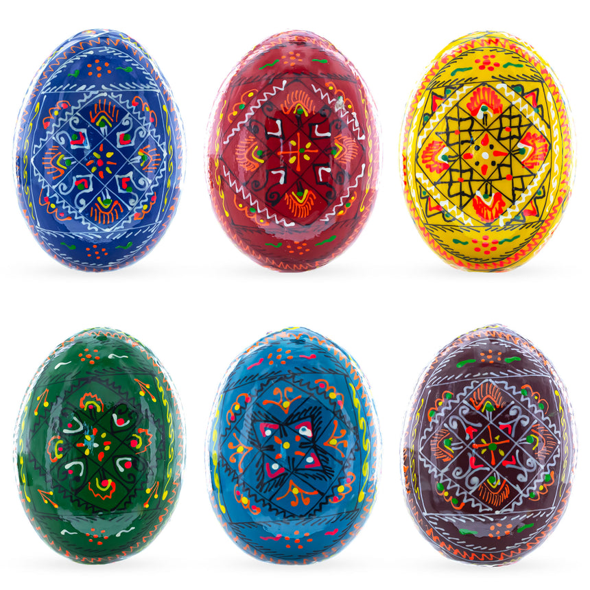 Wood Set of 6 Traditional Ukrainian Pysanky Wooden Easter Eggs 2.5 Inches in Multi color Oval