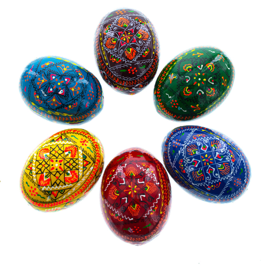 Set of 6 Traditional Ukrainian Pysanky Wooden Easter Eggs 2.5 InchesUkraine ,dimensions in inches: 2.25 x 1.75 x 1.75