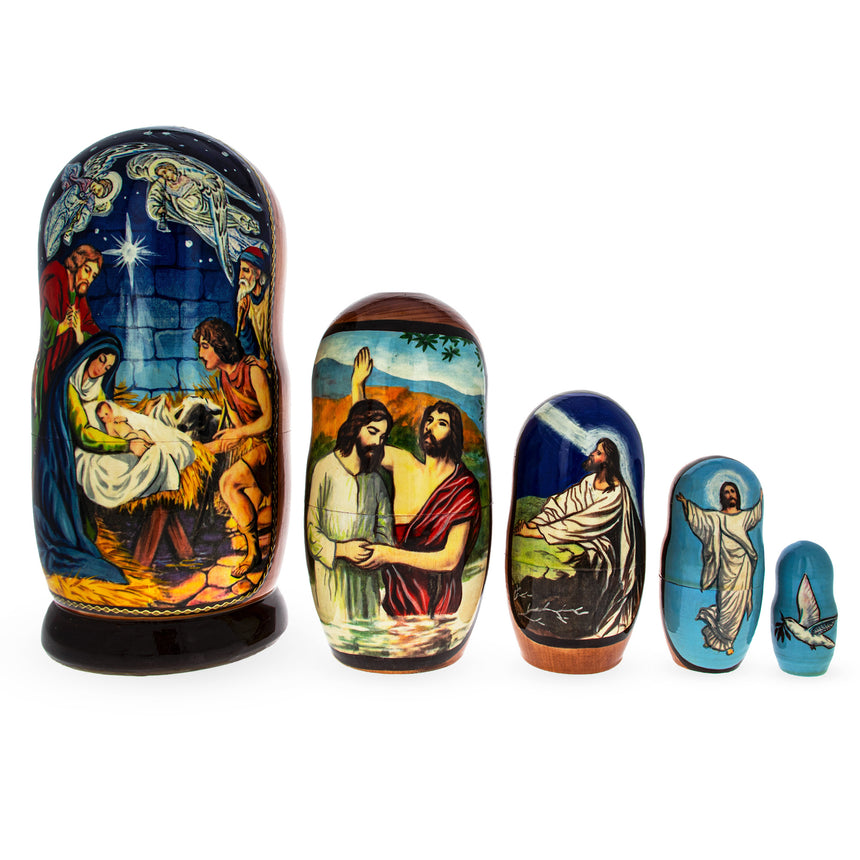 Wood Set of 5 Jesus is Born Nativity Scene Nesting Dolls Matryoshka in Multi color