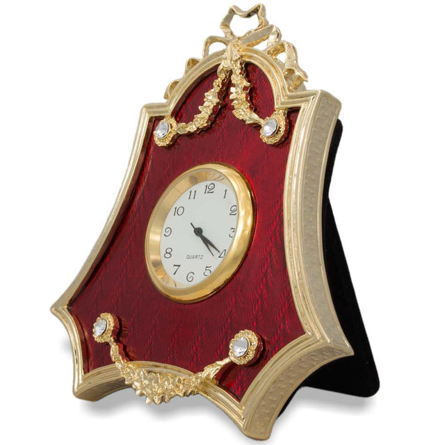 Pewter Red Enameled Guilloche Royal Antique Style Clock 4 Inches in Red color Triangle