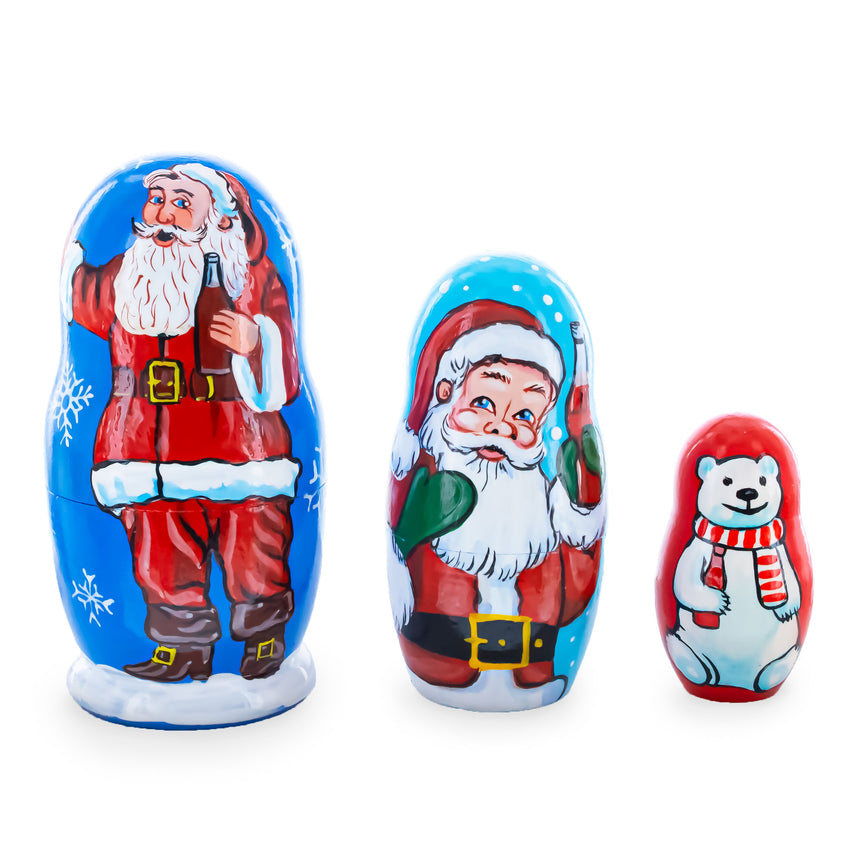 Wood 3 Santa and Polar Bear Wooden Nesting Dolls 4.25 Inches in Multi color