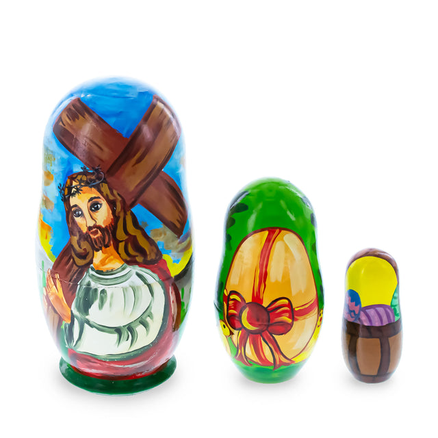 Wood Set of 3 Jesus with Cross, Easter Eggs Wooden Nesting Dolls 4.25 Inches in Multi color