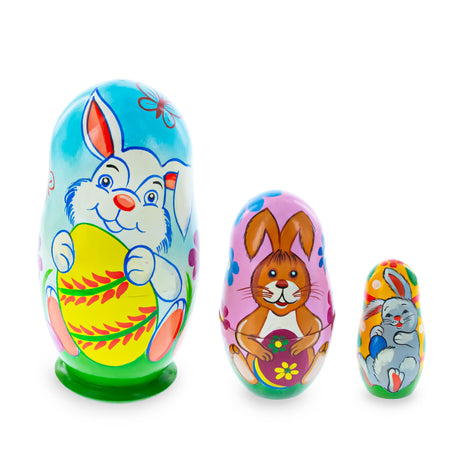 Wood Set of 3 Bunnies and Easter Eggs Wooden Nesting Dolls 4.25 Inches in Multi color