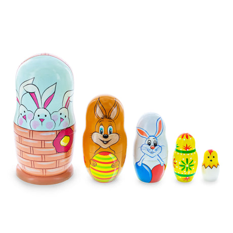 Wood 5 Bunnies, Chick with Easter Eggs Wicker Basket Wooden Nesting Dolls 6 Inches in Multi color