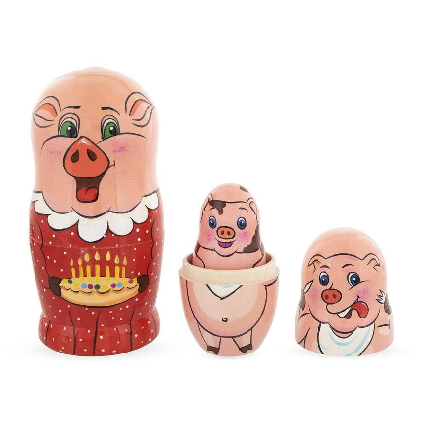 Set of 5 Pigs Celebration Wooden Nesting Dolls 6 InchesUkraine ,dimensions in inches: 6 x 3 x 3