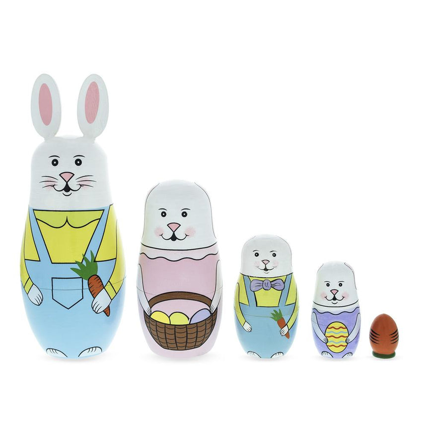 Wood Set of 5 Bunny Family & Carrot Wooden Nesting Dolls 7 Inches Tall in Blue color