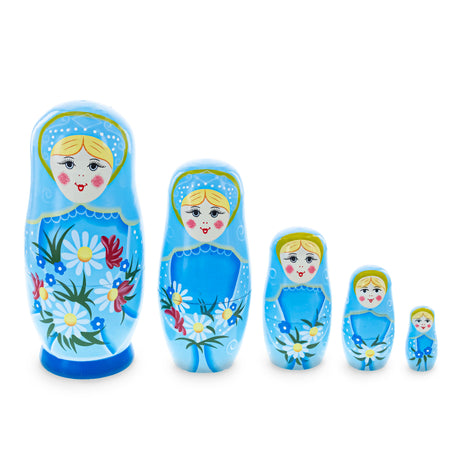 Wood 5 Girls with Daisy Flowers & Blue Skirt Wooden Nesting Dolls 6 Inches in Blue color