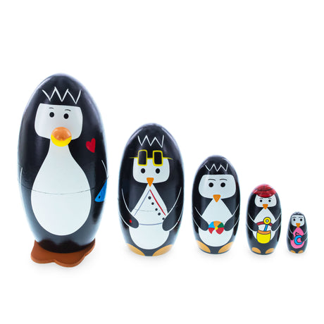 Wood Set of 5 Penguins Wooden Nesting Dolls 5 Inches in Black color