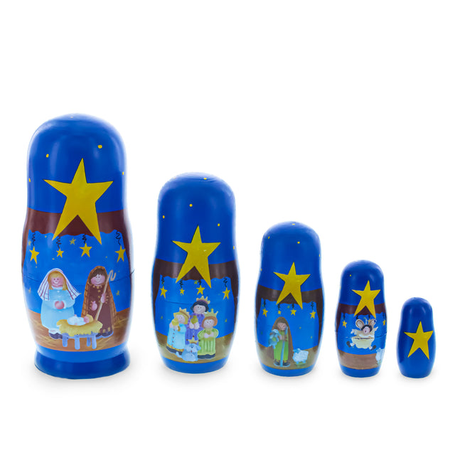 Wood Set of 5 Nativity Scene Set Wooden Nesting Dolls 5.75 Inches in Blue color