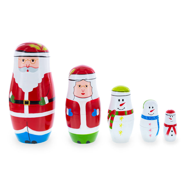 Wood Set of 5 SantaCople and Snowmen Wooden Nesting Dolls 5.5 Inches in Red color