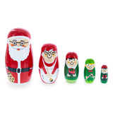 Wood Set of 5 Santa, Mrs. Claus, Elf & Snowman Wooden Nesting Dolls 4.75 Inches in Red color