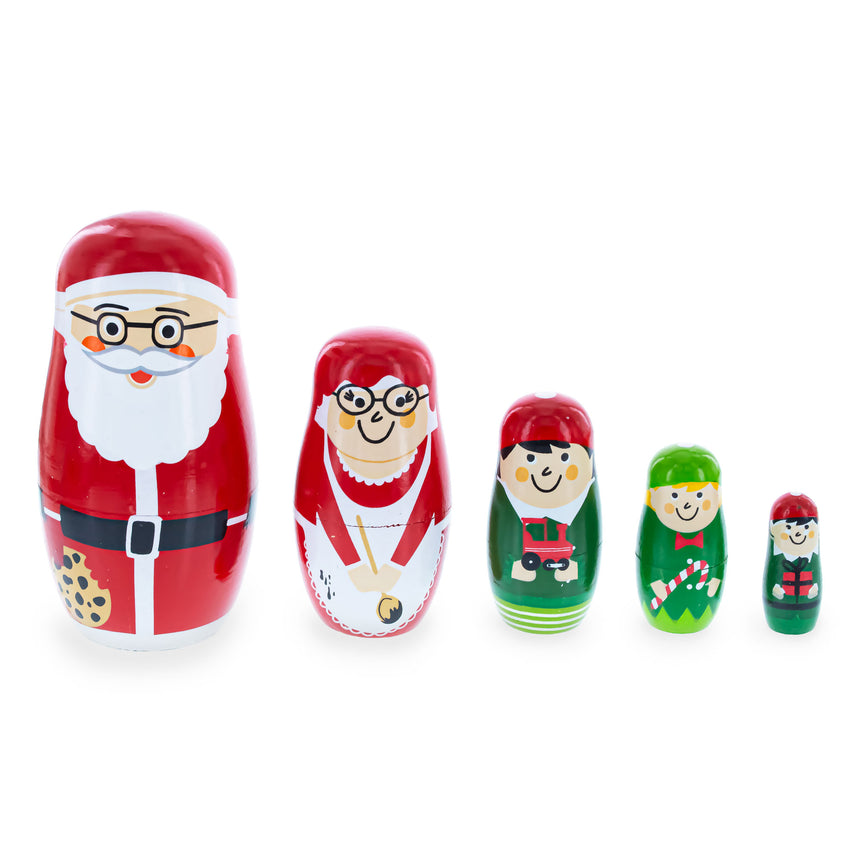 Wood Set of 5 Santa, Mrs. Claus, Elf & Snowman Wooden Nesting Dolls 4.75 Inches in Red color