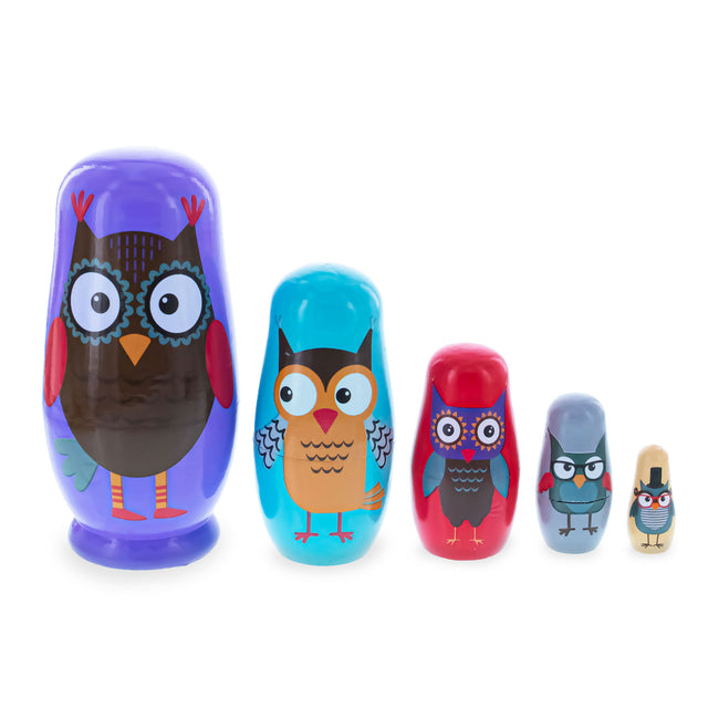 Wood Set of 5 Wise Owls Family Wooden Nesting Dolls 5.75 Inches in Purple color