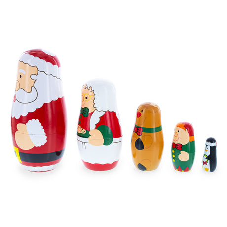 Santa, Mrs. Claus, Reindeer, Elf Wooden Nesting Dolls 6 Inches ,dimensions in inches: 6 x 3.6 x