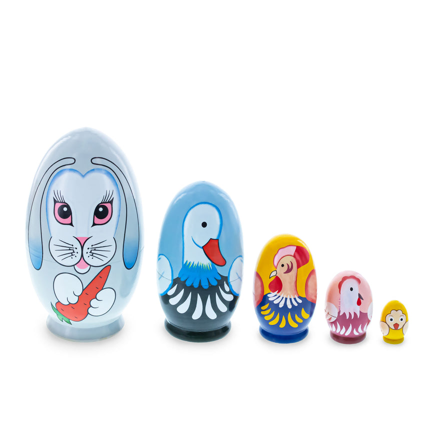 Wood 5 Bunny, Duck, Rooster, Hen & Chick Egg Shape Wooden Nesting Dolls 5 Inches in Gray color