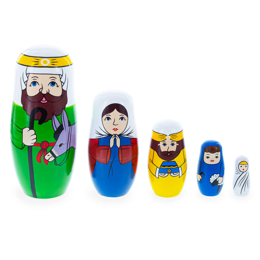 Wood Joseph, Mary, and Jesus Nativity Scene Wooden Nesting Dolls 5.75 Inches in Blue color